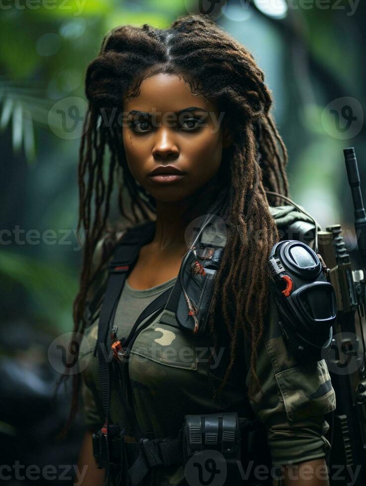 AI generated Dark-skinned young girl in full length military uniform with weapon in hand in the jungle. Powered by Artificial Intelligence. photo