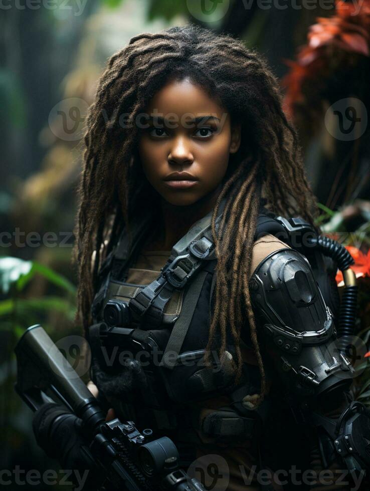 AI generated Dark-skinned young girl in full length military uniform with weapon in hand in the jungle. Powered by Artificial Intelligence. photo