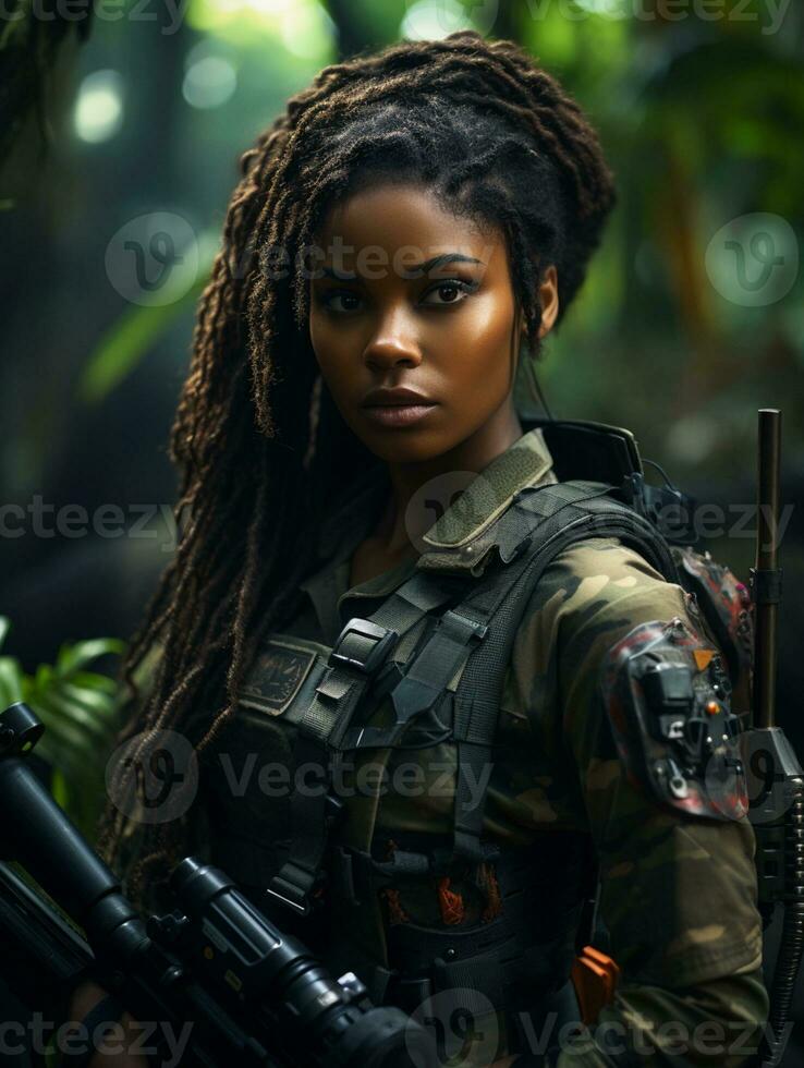 AI generated Dark-skinned young girl in full length military uniform with weapon in hand in the jungle. Powered by Artificial Intelligence. photo