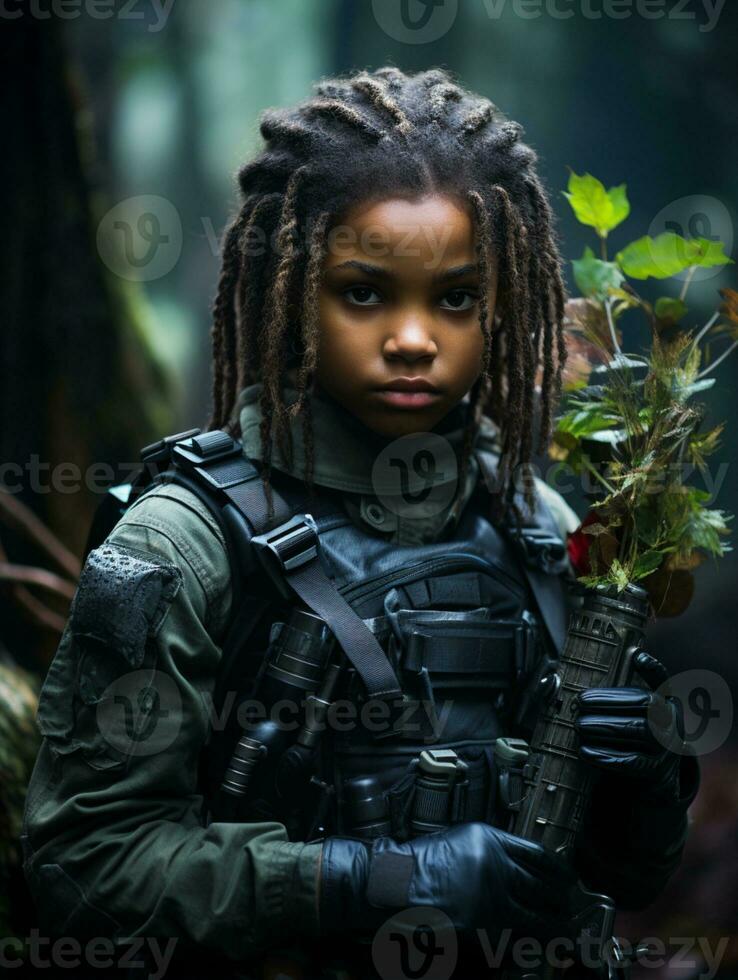 AI generated Dark-skinned young girl in full length military uniform with weapon in hand in the jungle. Powered by Artificial Intelligence. photo