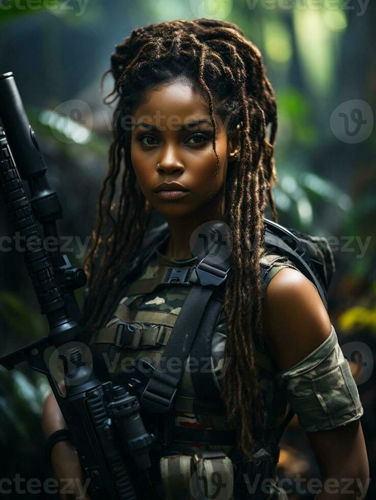 AI generated Dark-skinned young girl in full length military uniform with weapon in hand in the jungle. Powered by Artificial Intelligence. photo