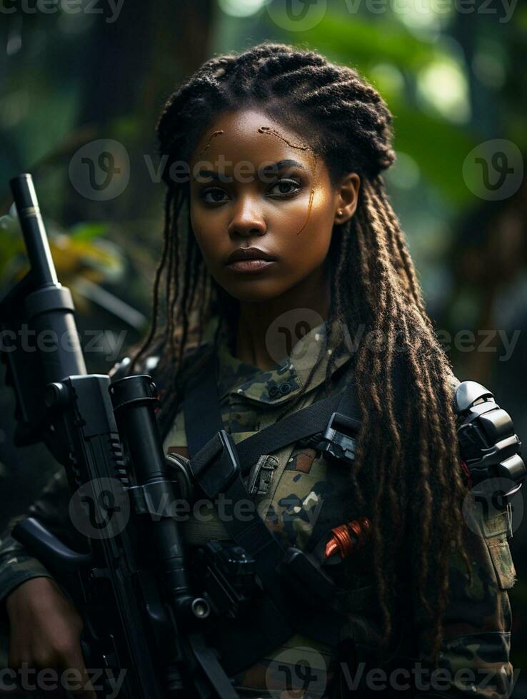 AI generated Dark-skinned young girl in full length military uniform with weapon in hand in the jungle. Powered by Artificial Intelligence. photo