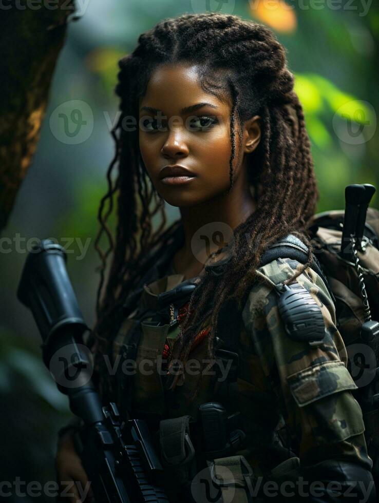 AI generated Dark-skinned young girl in full length military uniform with weapon in hand in the jungle. Powered by Artificial Intelligence. photo