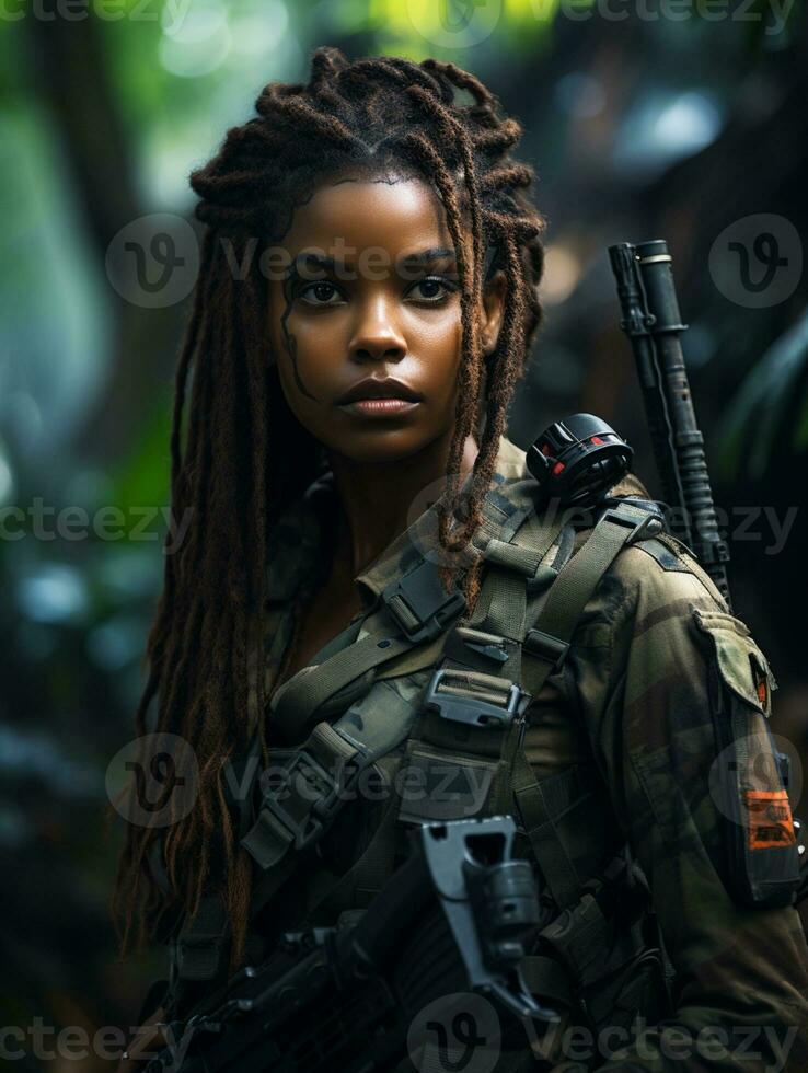 AI generated Dark-skinned young girl in full length military uniform with weapon in hand in the jungle. Powered by Artificial Intelligence. photo