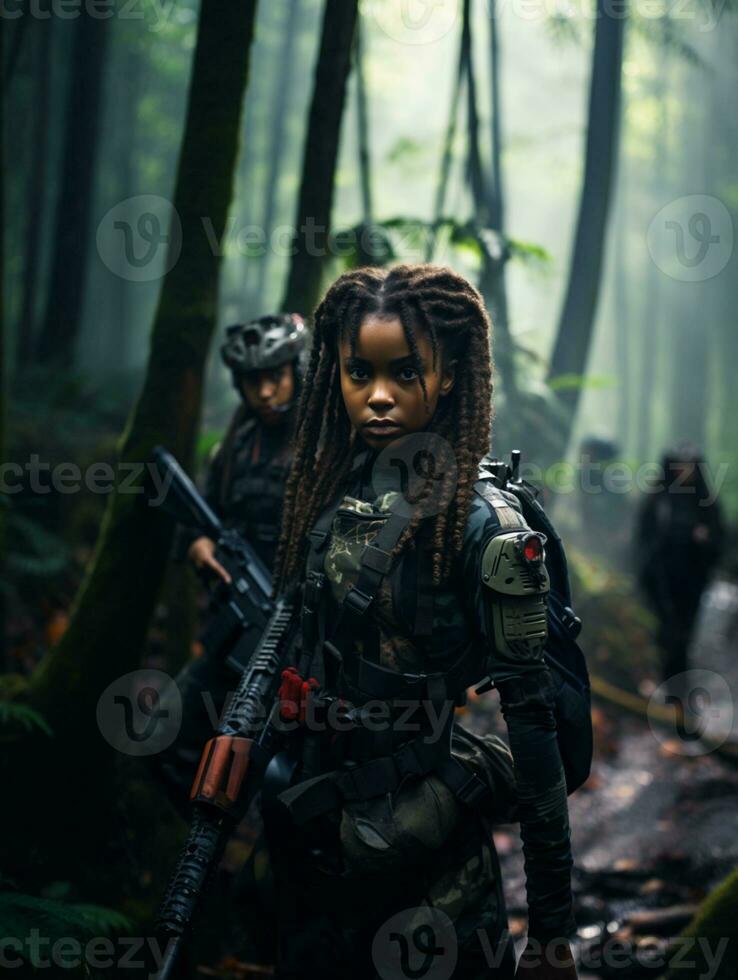 ai generado de piel oscura joven niña en lleno longitud militar uniforme con arma en mano en el selva. motorizado por artificial inteligencia. foto