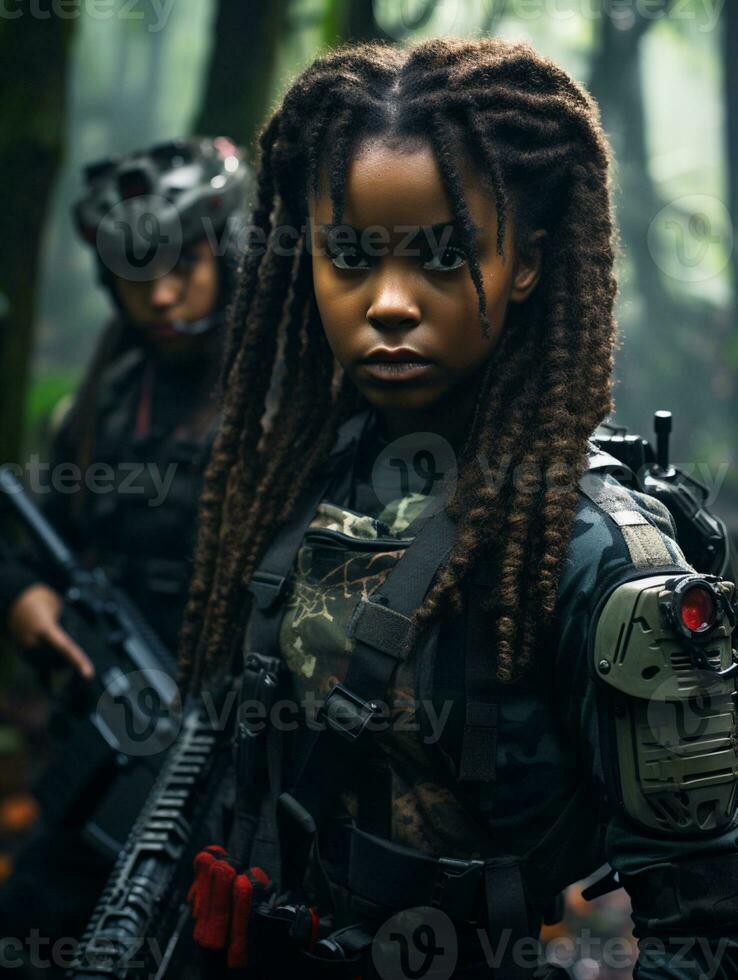 AI generated Dark-skinned young girl in full length military uniform with weapon in hand in the jungle. Powered by Artificial Intelligence. photo