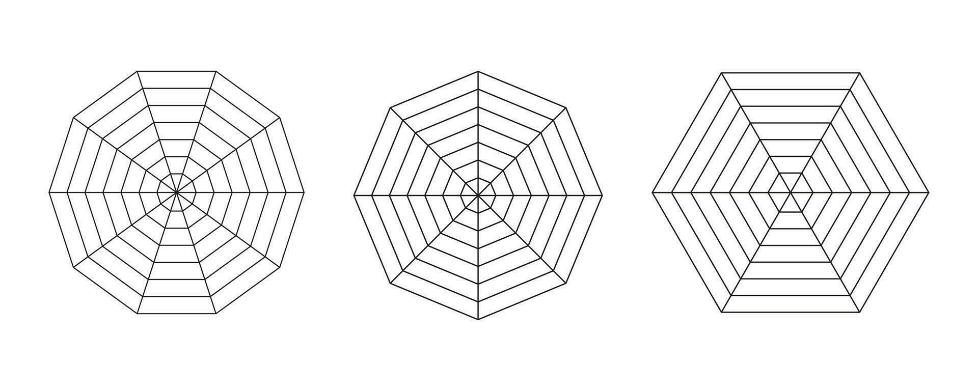Radar, spider diagram templates. Polygon graphs. Spider mesh. Diagram for statistic, analytic. Blank radar simple charts. Coaching tools. Flat grids with 6, 8,10 segments. Vector graphic illustration.