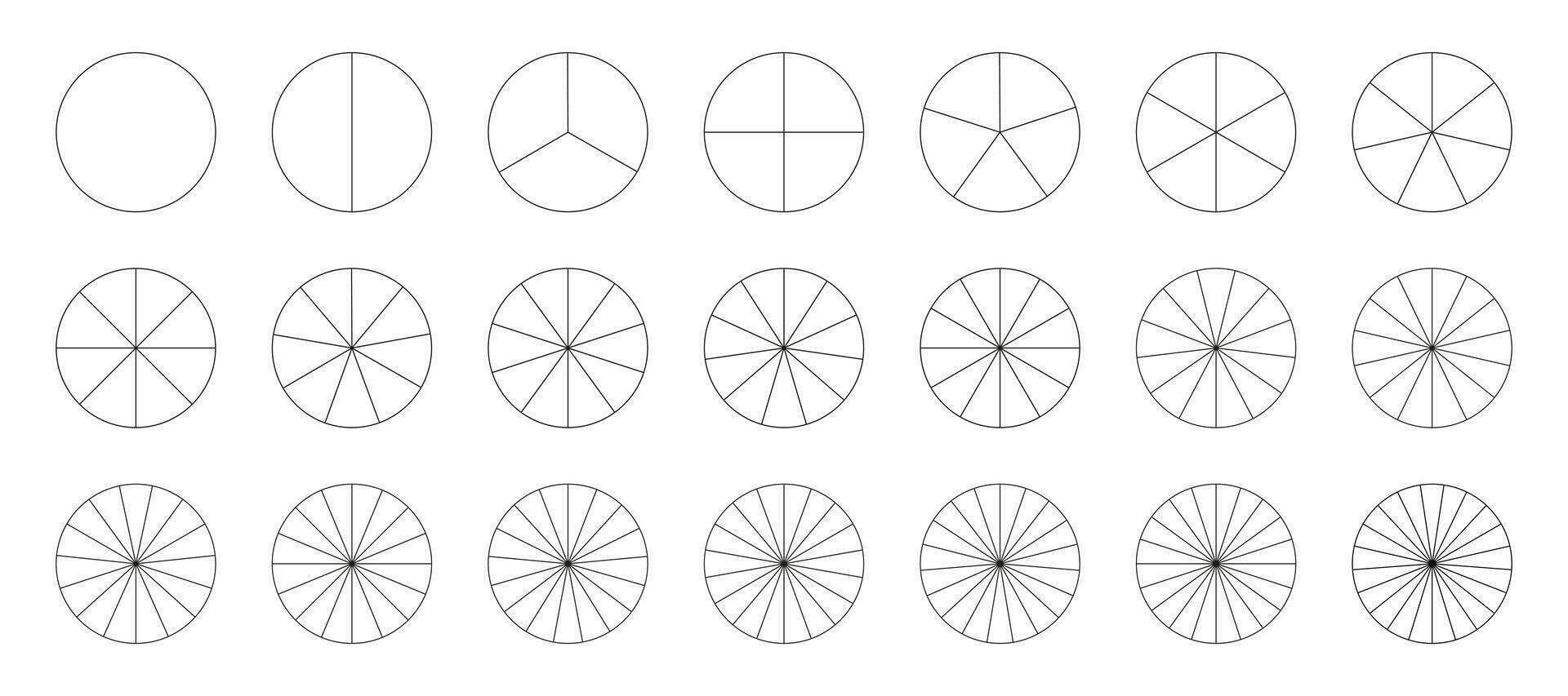 circular segmentario cartas tarta gráfico modelo. sectores dividir el circulo en igual partes. contorno negro Delgado gráficos. conjunto de Pizza cartas segmentos infografía. diagrama rueda partes. entrenamiento herramienta. vector