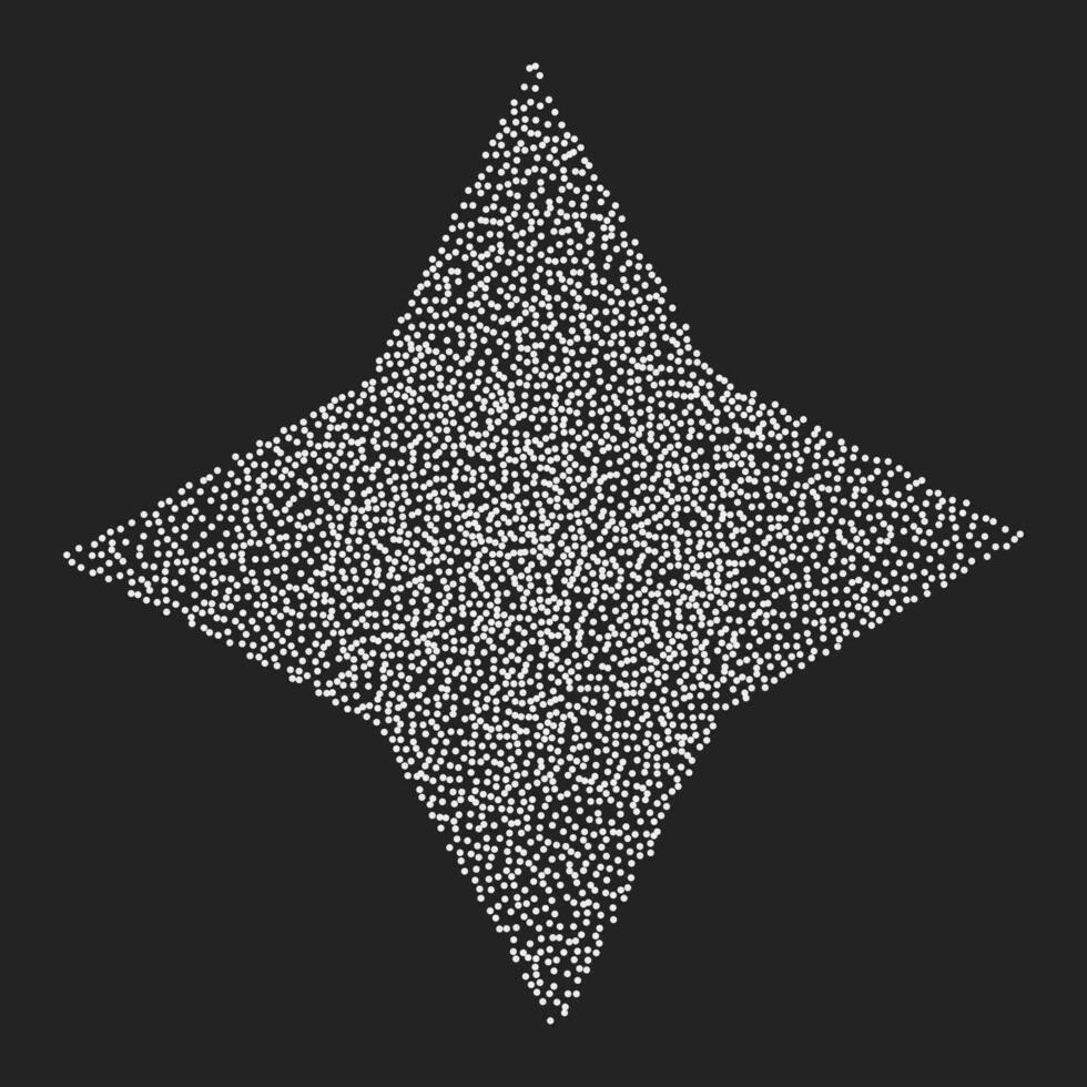 Vintage star with four rays of white dots on a dark background. Vector noisy element in grunge style, textured geometric figure in stipplism style