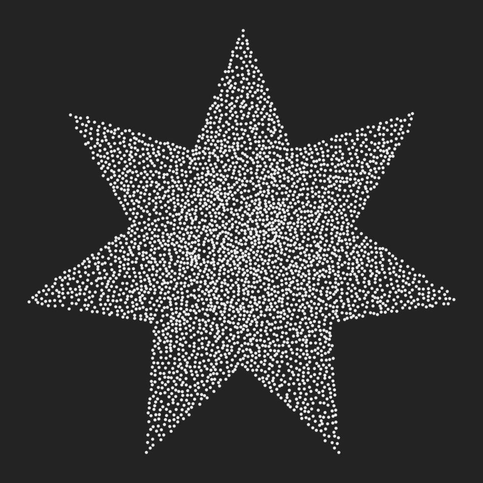 Vintage star with seven rays of white dots on a dark background. Vector halftone element, noisy textured geometric shape in stipplism style