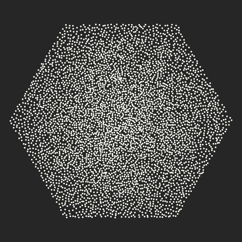 Retro style vector element, white hexagon on dark background with noisy grunge texture. Drawing in the style of halftone, stipplism