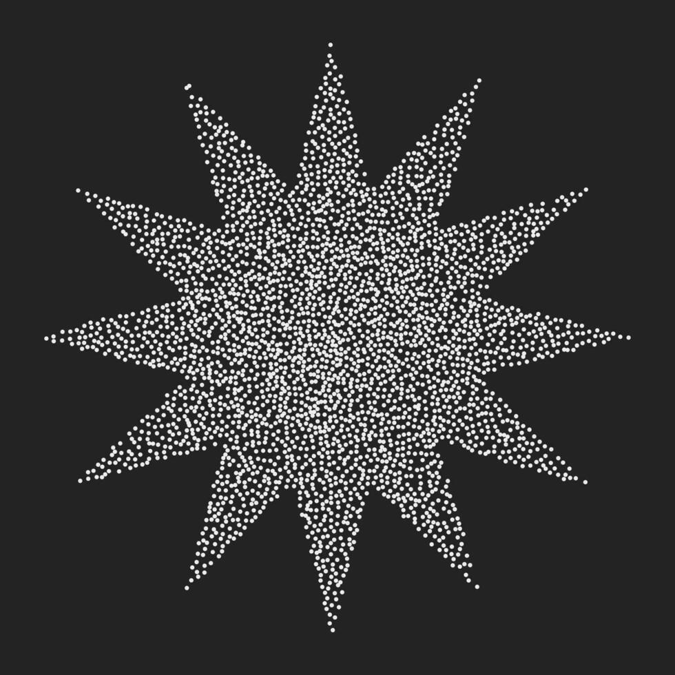 Vintage star with nine rays of white dots on a dark background. Vector noisy element, texture geometric shape in stipplism style