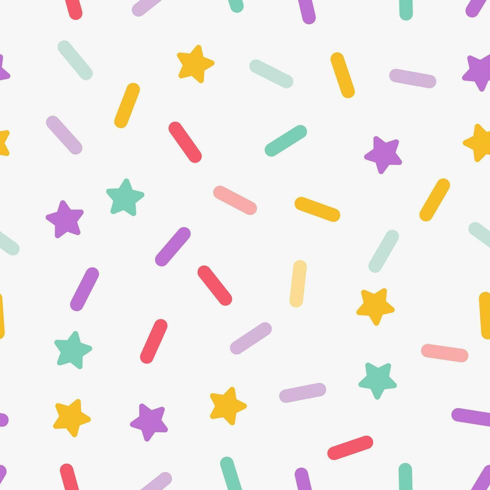 Simple minimalistic seamless pattern, multicolored playful hand drawn cute lines and stars on a white background. Sugar sprinkles on donut, confetti. vector