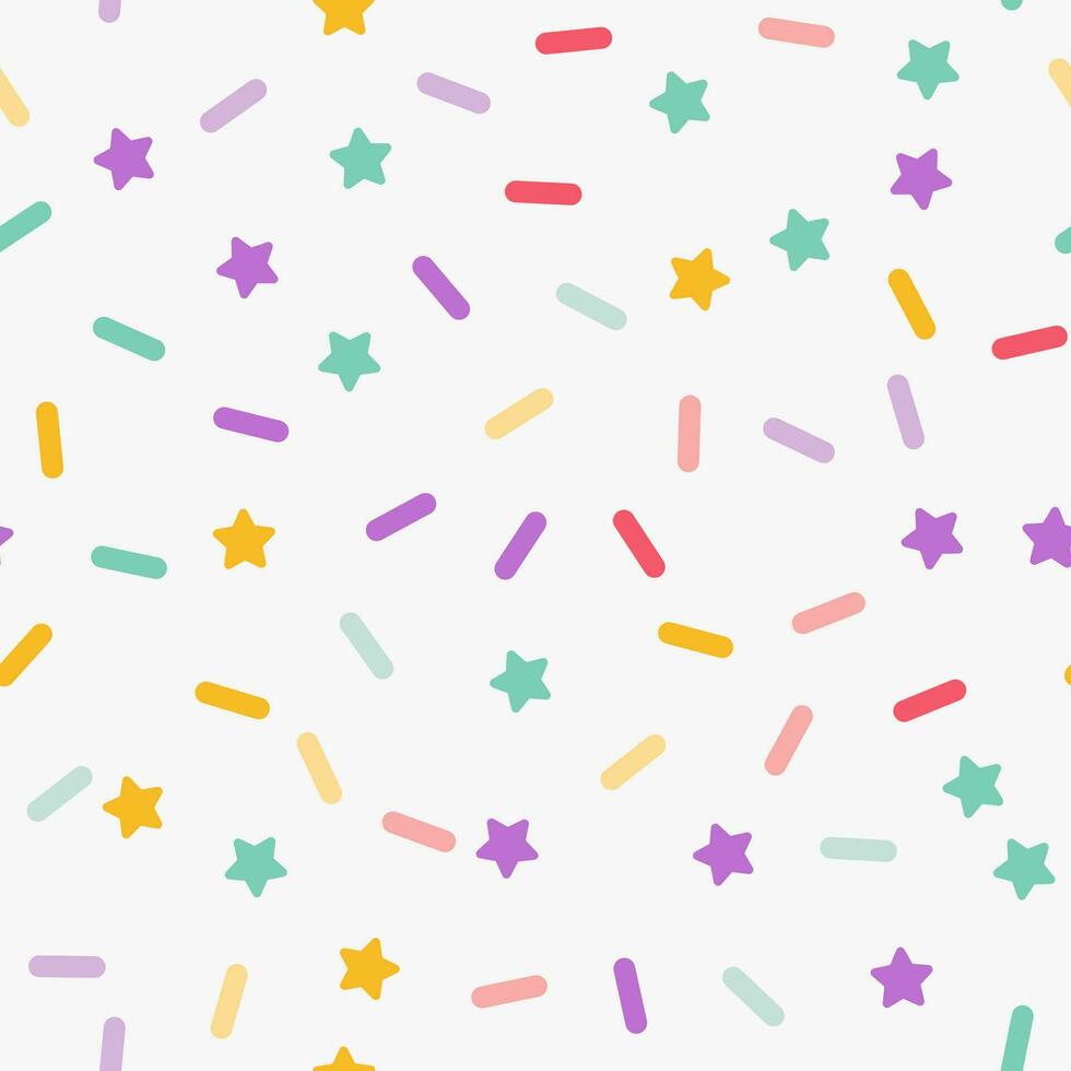 Simple minimalistic seamless pattern, multicolored playful hand drawn cute lines and stars on a white background. Sugar sprinkles on a donut, confetti, cupcake. vector