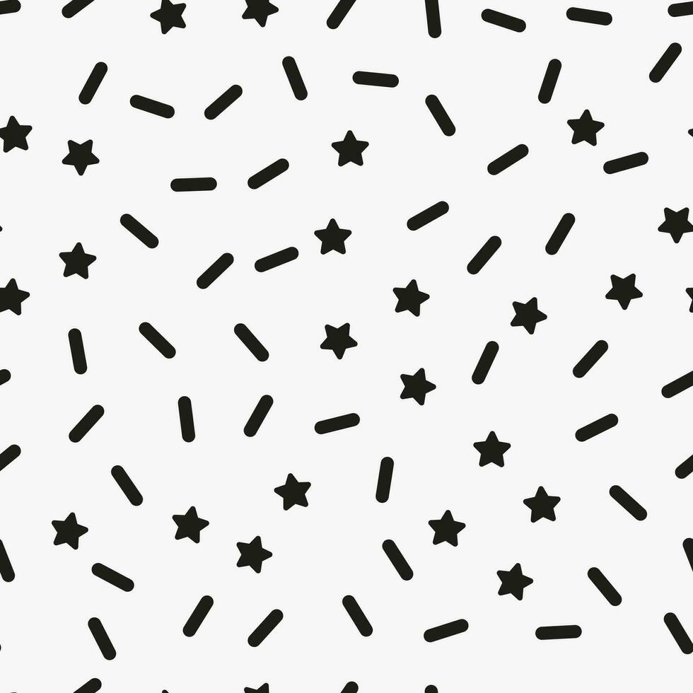 Simple minimalistic seamless pattern, black hand drawn cute stars and lines on a white background. Sugar sprinkles, confetti. vector