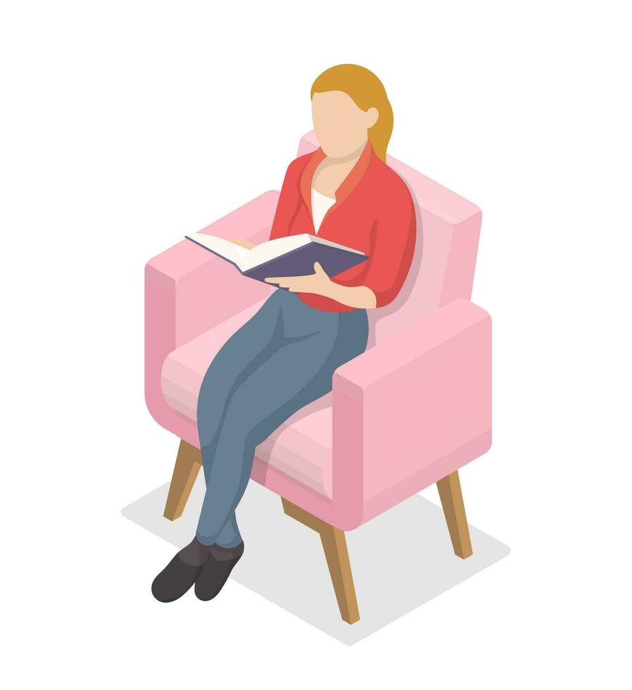 niña leyendo un libro sentado en un silla. isométrica vector ilustración.