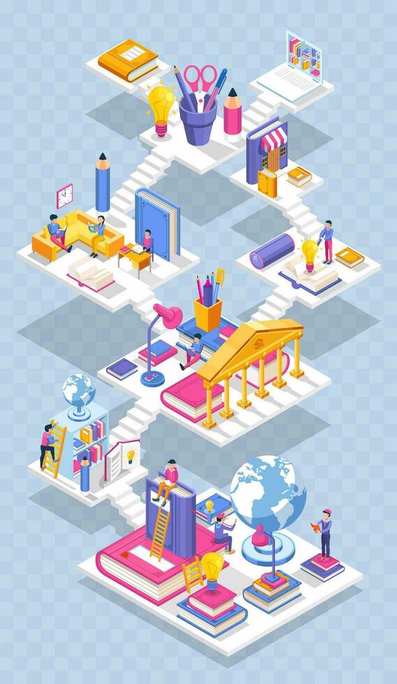Educational isometric concept. People reading on a tower of books. Flat design vector illustration.