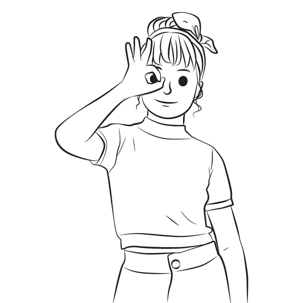 cute girl ok sign pose cartoon illustration vector