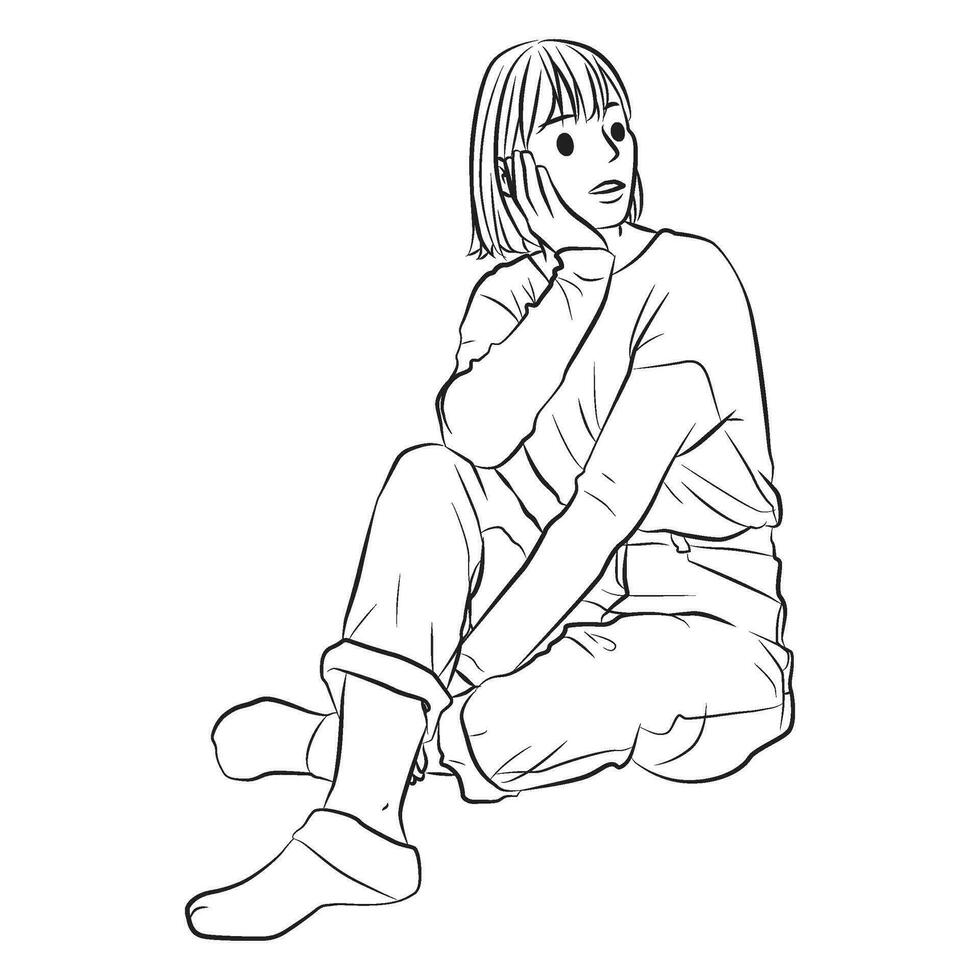 teenage girl sitting floor cartoon illustration vector