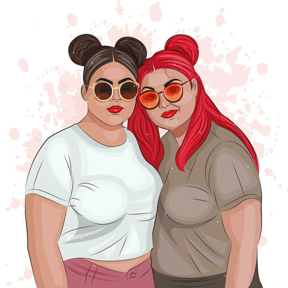 Two girls full positivity stylish girlfriends bodypositive concept super size vector illustration