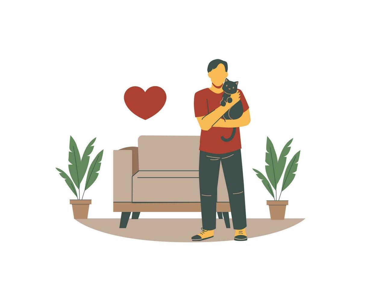 Man with a cat in his arms. Vector illustration in flat style