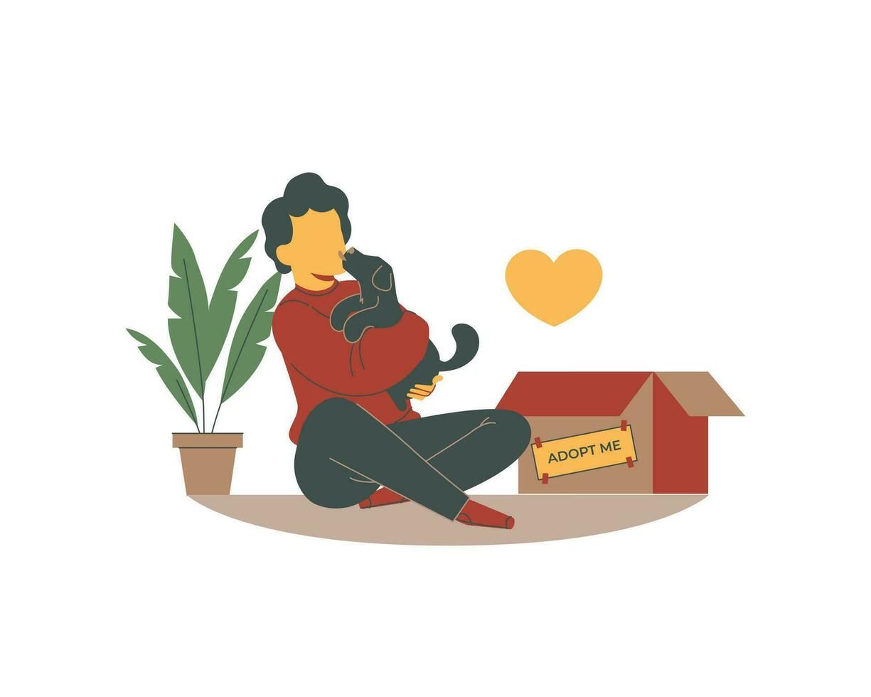 Woman sitting on the floor with a puppy next to a adobtion box. Vector illustration pet and animal adoption
