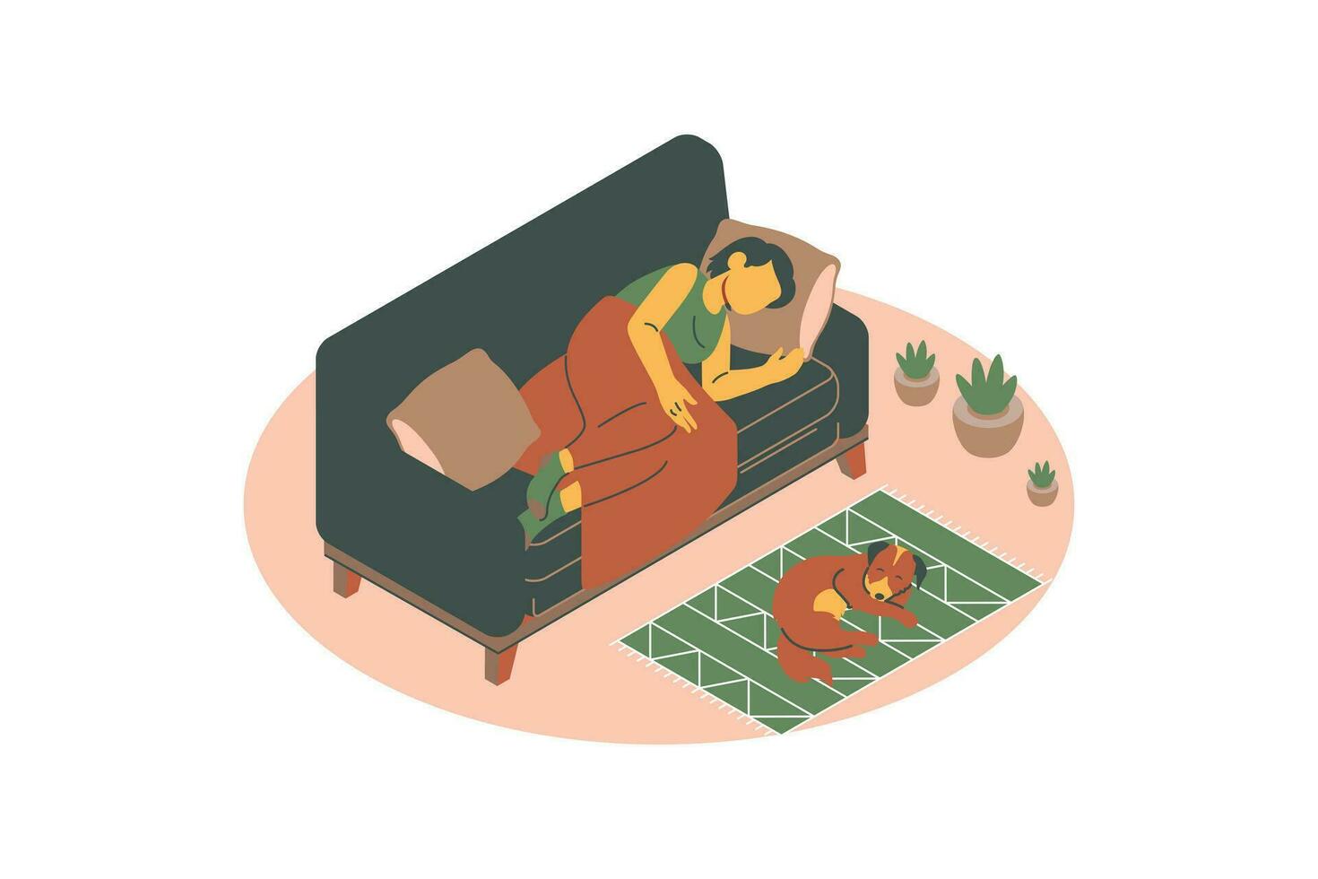 Sick woman lying on the sofa with ger dog at home. Isometric vector illustration for animals adoption and fostering concept