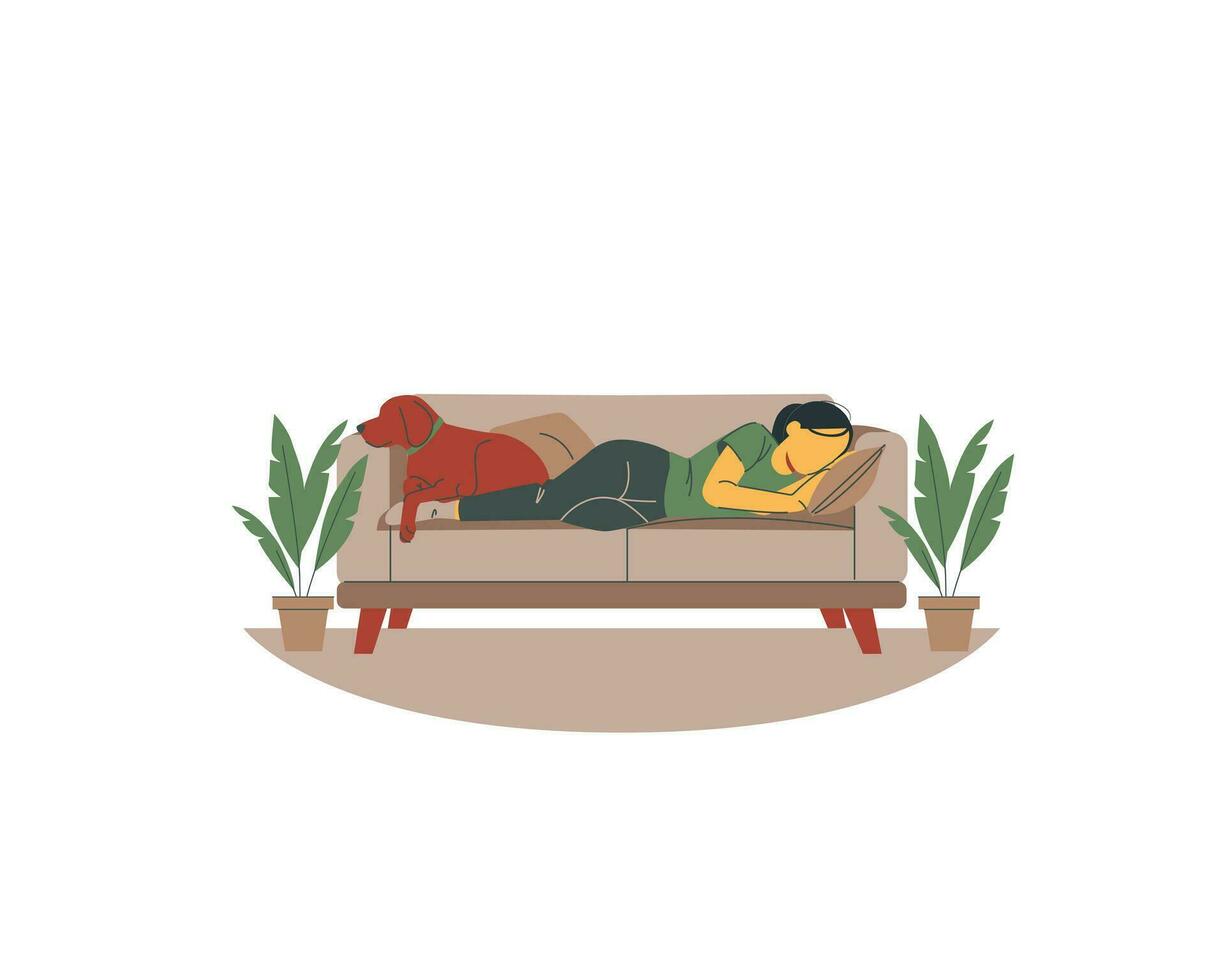 Man reading a book on the sofa at home. Flat vector illustration for animals adoption and fostering