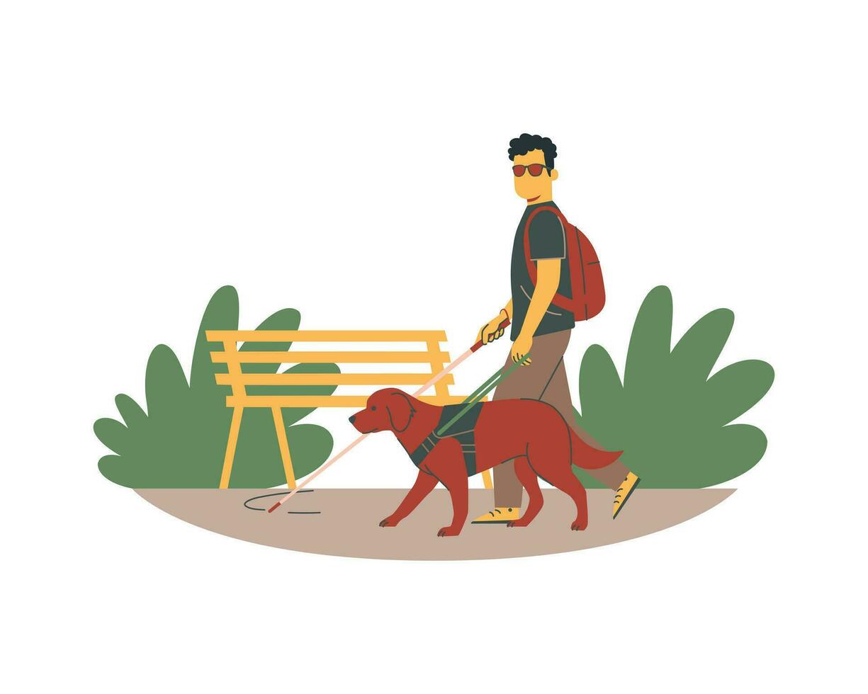 Man walking his dog in the park, flat vector illustration isolated on white background.