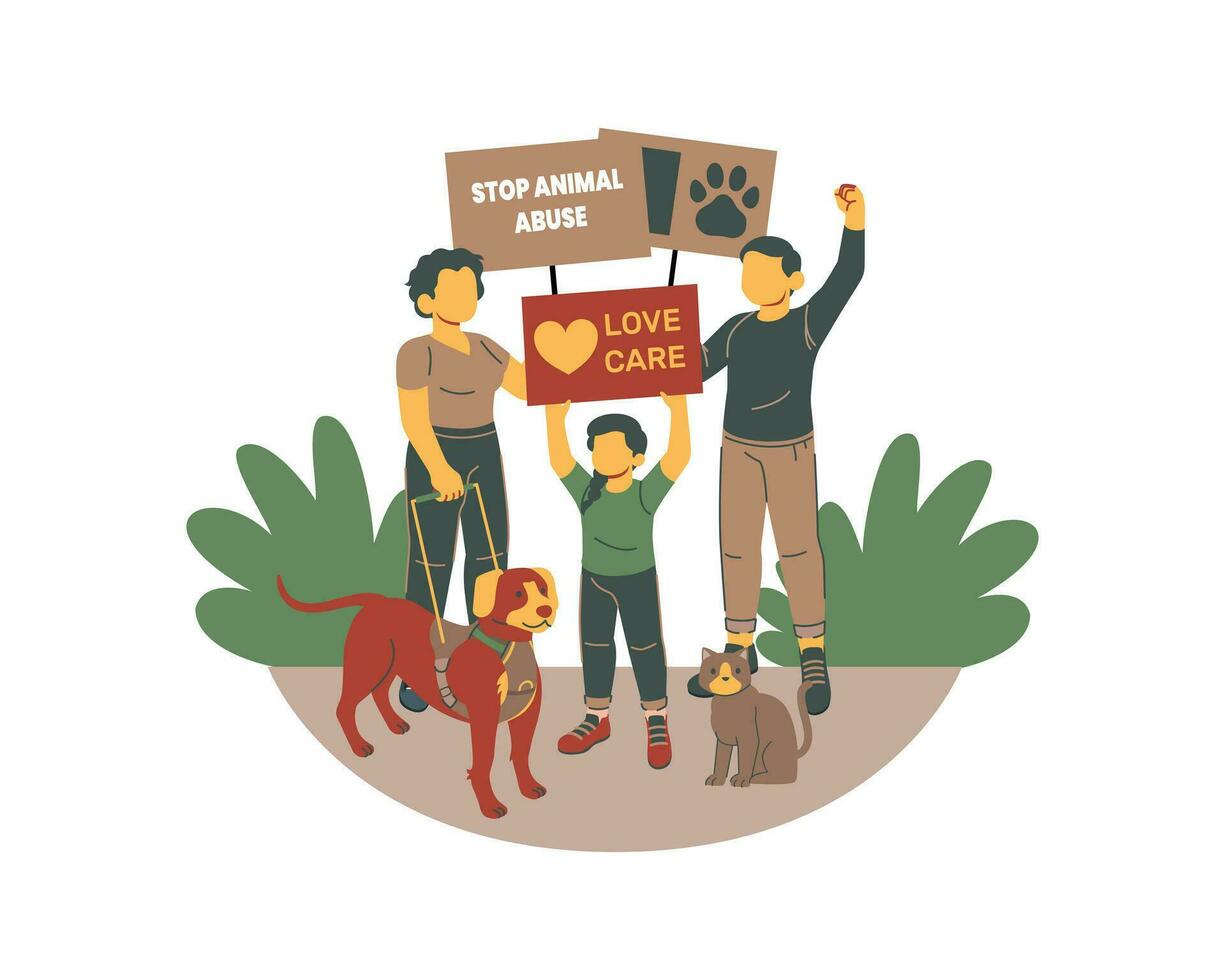 mascotas adopción, personas con perros y señales, plano vector ilustración