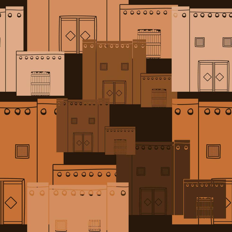 Editable Flat Monochrome Traditional Arab Houses Vector Illustration in Various Colors as Seamless Pattern With Dark Background for Islamic Moments or Middle Eastern History and Culture Related Design