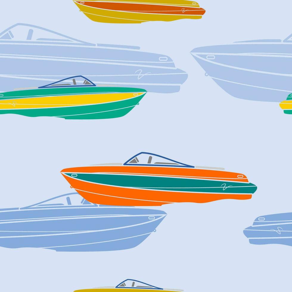 Editable Various Colors Side View American Bowrider Boats on Water Vector Illustration as Seamless Pattern for Creating Background of Transportation or Recreation Related Design