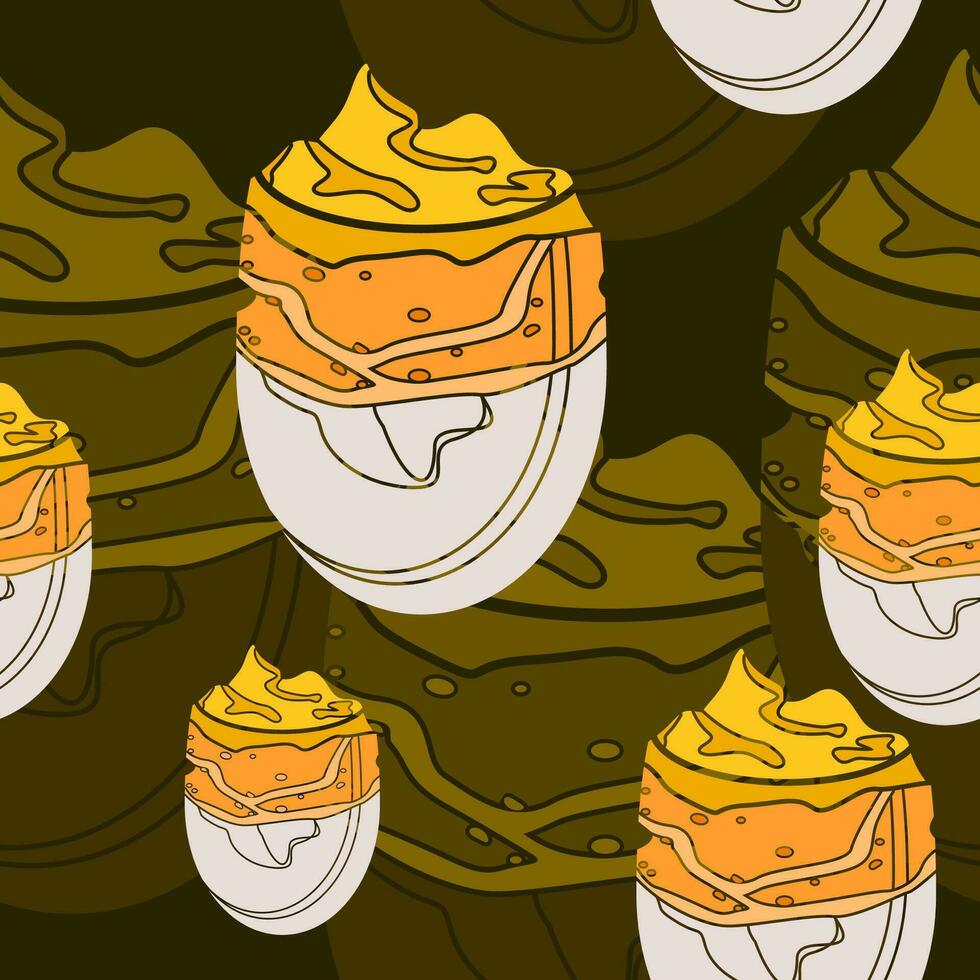 Editable Top Side View Korean Dalgona Coffee Vector Illustration in Bulbous Glass Mug as Seamless Pattern With Dark Background for Cafe and Beverage Related Design