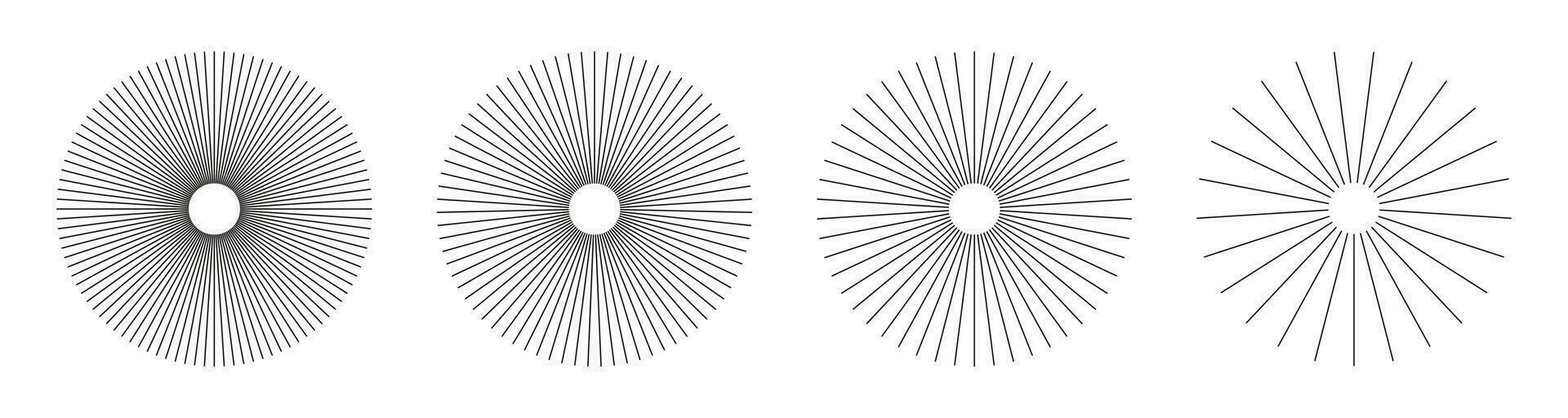 Radial circle lines. Circular lines elements. Symbol of Sun star rays. Flat design elements. Spokes with radiating stripes. Abstract illusion geometric shapes. vector