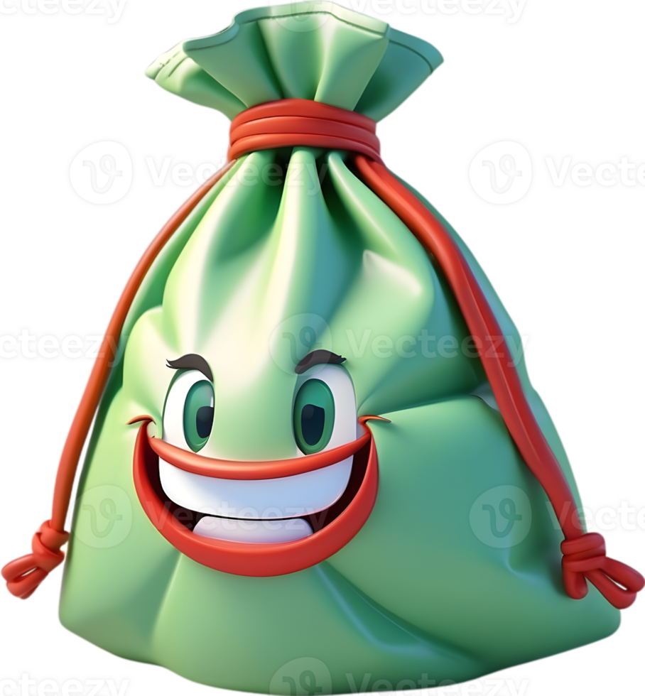 AI generated money bag cartoon character, transparent background png
