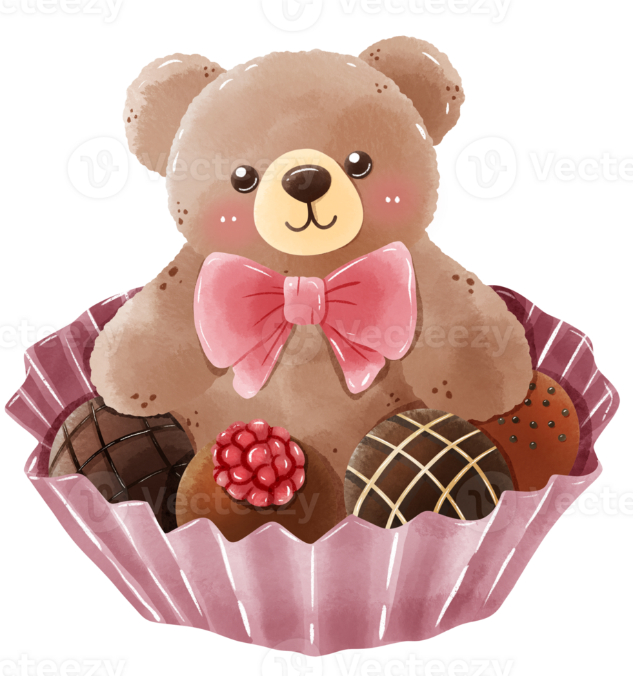 Watercolor hand drawn illustration of a bear with chocolate truffles decorate in raspberry and white chocolate stripes png