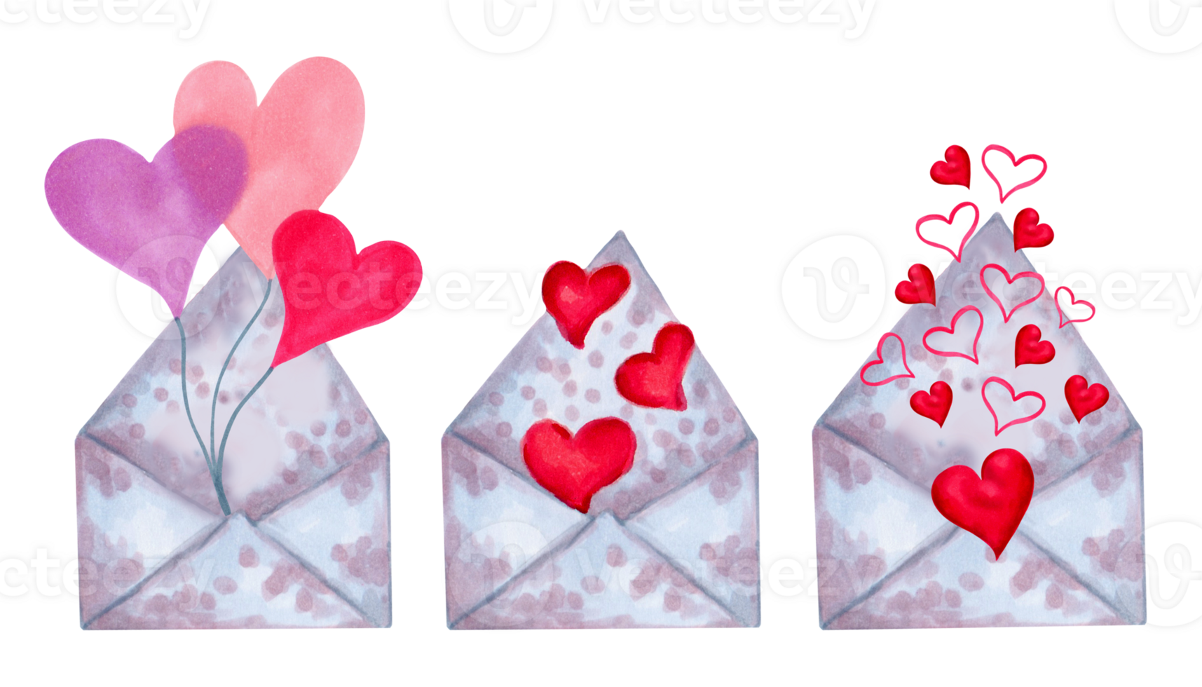 Postal envelopes for Valentine's Day with hearts flying away. Singles,friends,girlfriends day greeting card concept.Collection of festive heart shaped confetti.Watercolor hand drawn isolated art. png