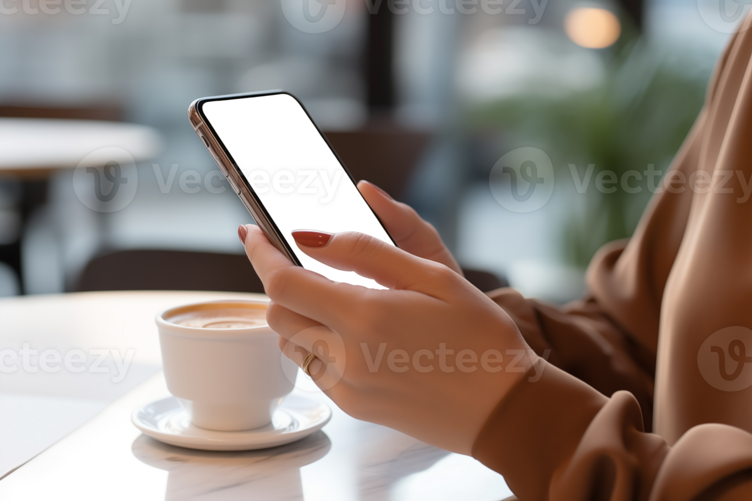 ai gegenereerd digitaal consumentisme, vrouw handen gebruik makend van smartphone Bij koffie winkel png