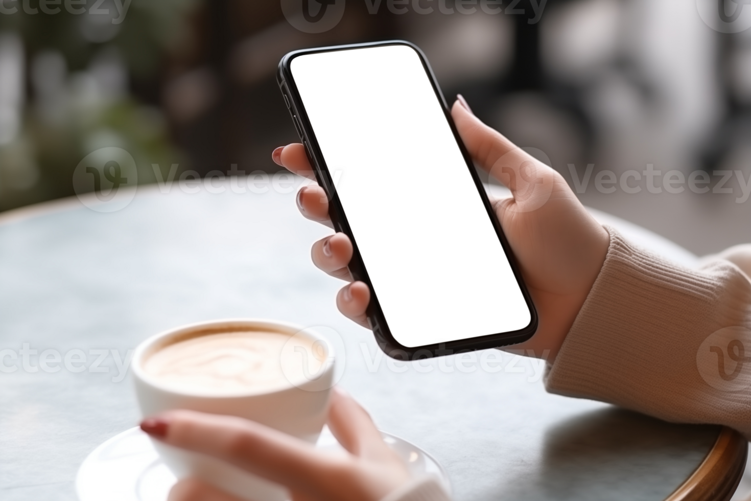 ai genererad digital konsumentupplysning, kvinnas händer använder sig av smartphone på kaffe affär png