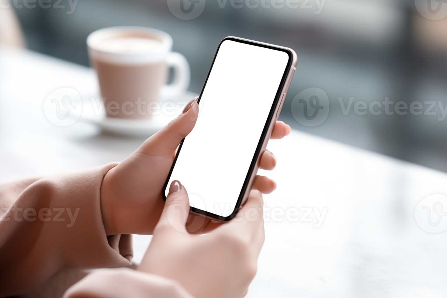 AI generated Digital Consumerism, Woman's Hands Using Smartphone at Coffee Shop png