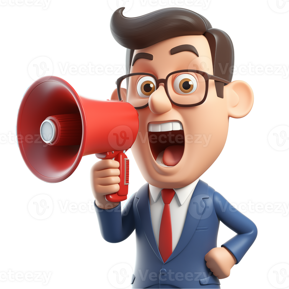 AI generated A man in an office uniform is angry using a megaphone, 3d design. Suitable for business and education png