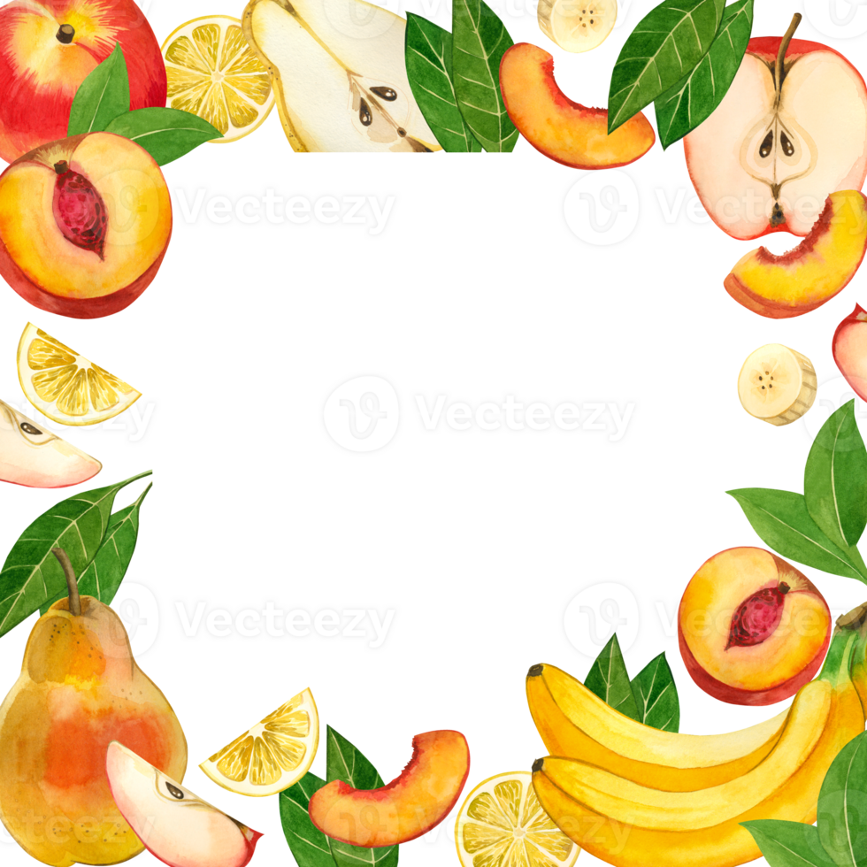 Square watercolor frame made of fruits. Bananas, peaches, pear, lemon slices, leaves hand drawn in watercolor on a transparent background. For printing on fabric, decorating kitchens, dishes, recipes png