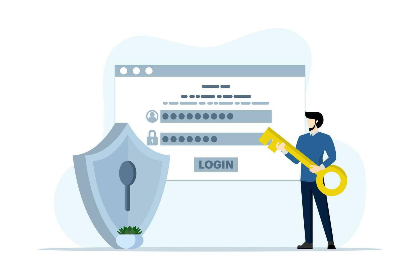 Account security concept, businessman holds key to access security system that protects user account data and password for login. account information and password. flat vector illustration.