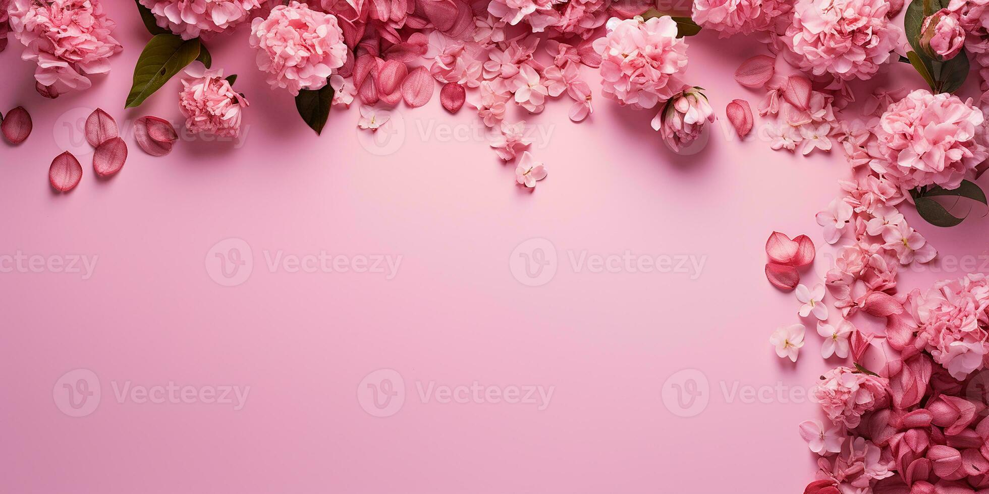 AI generated flat lay, peony flowers on a pink background. border of pink flowers with space for text photo