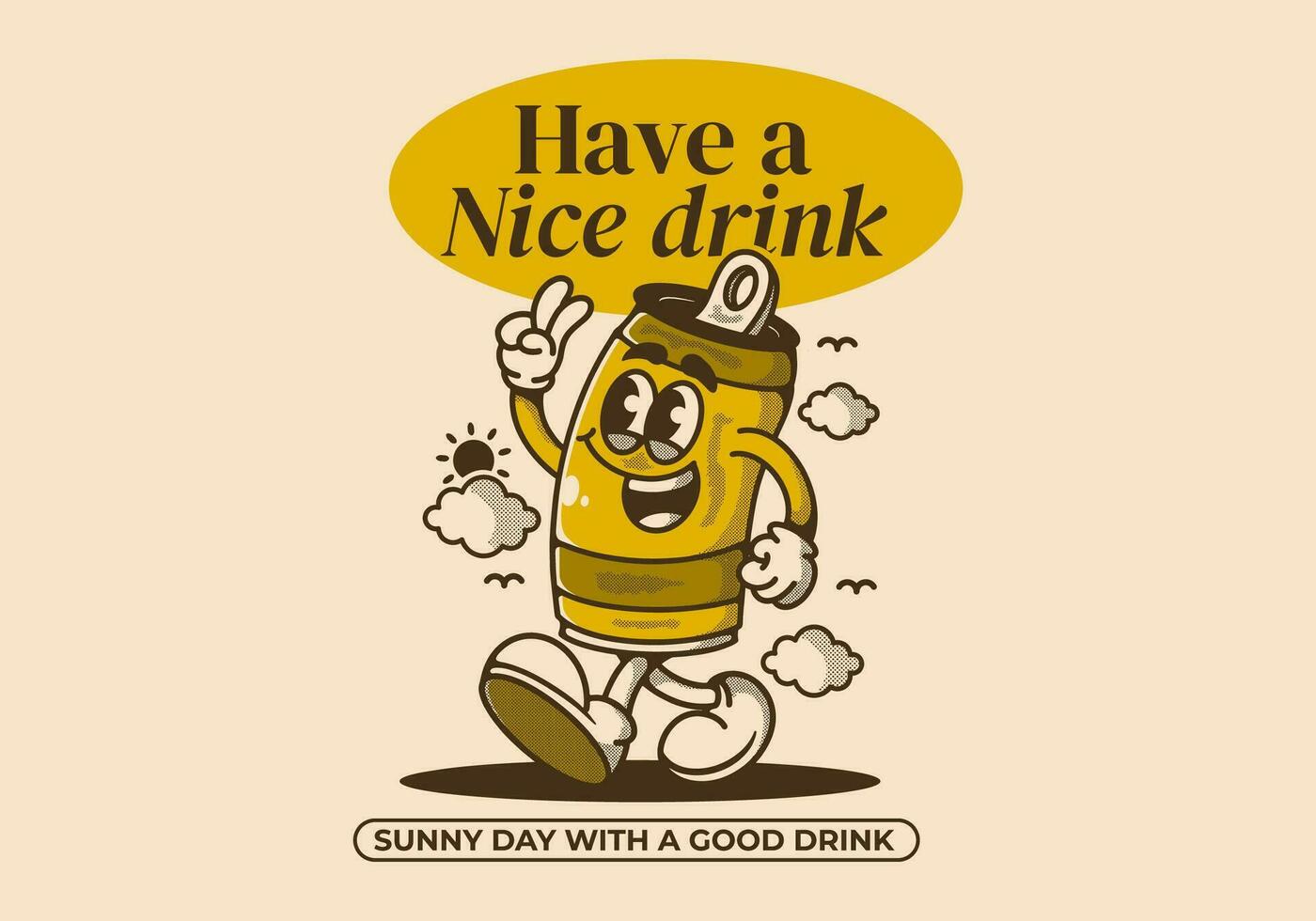 tener un bonito beber. soleado día con un bueno beber. mascota personaje ilustración de caminando cerveza lata vector