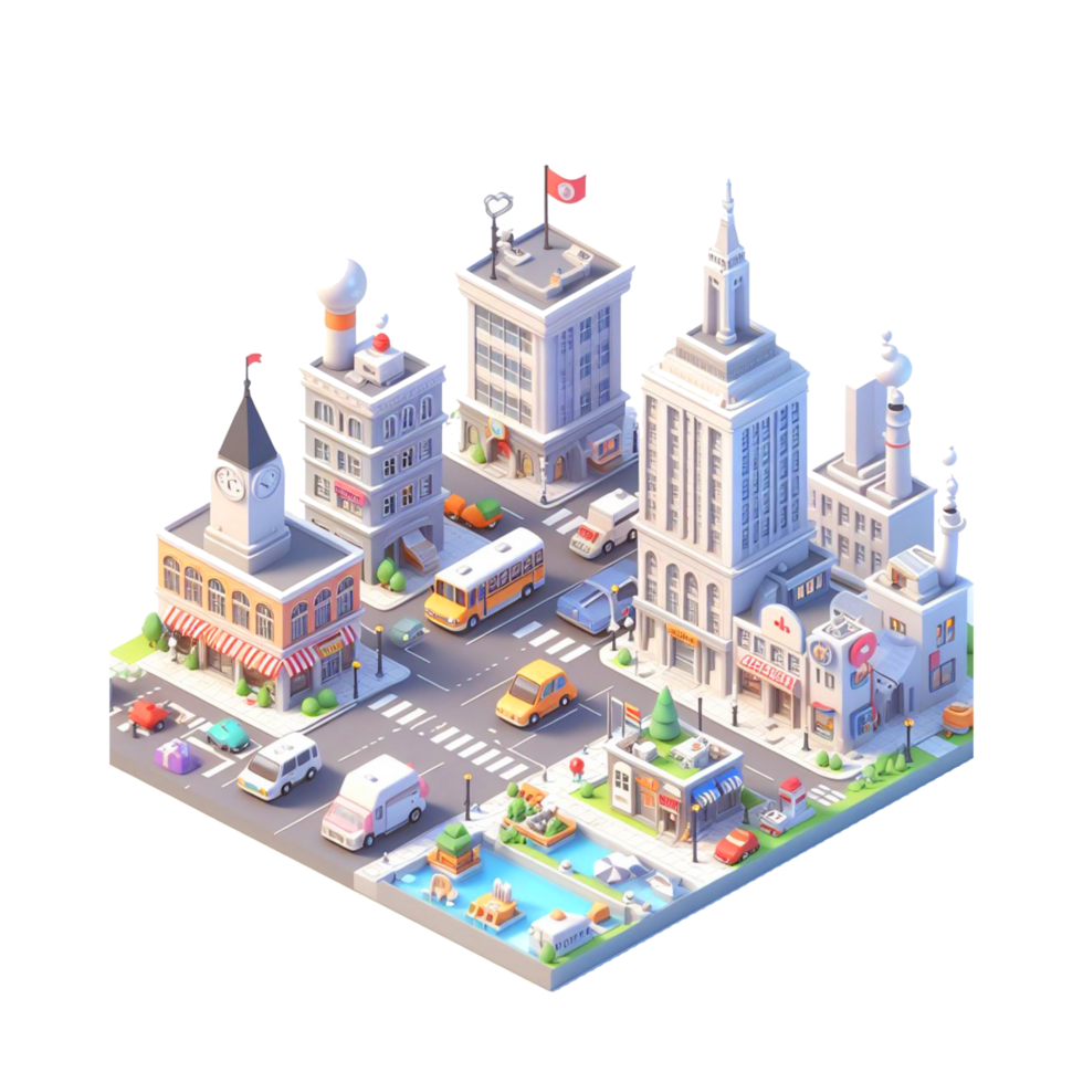 cute small city, 3d game isometric, detailed. PNG Free