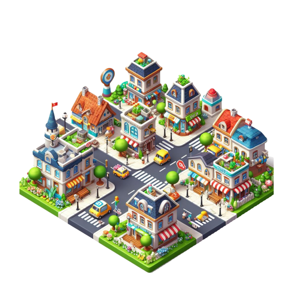 cute small city, 3d game isometric, detailed. PNG Free