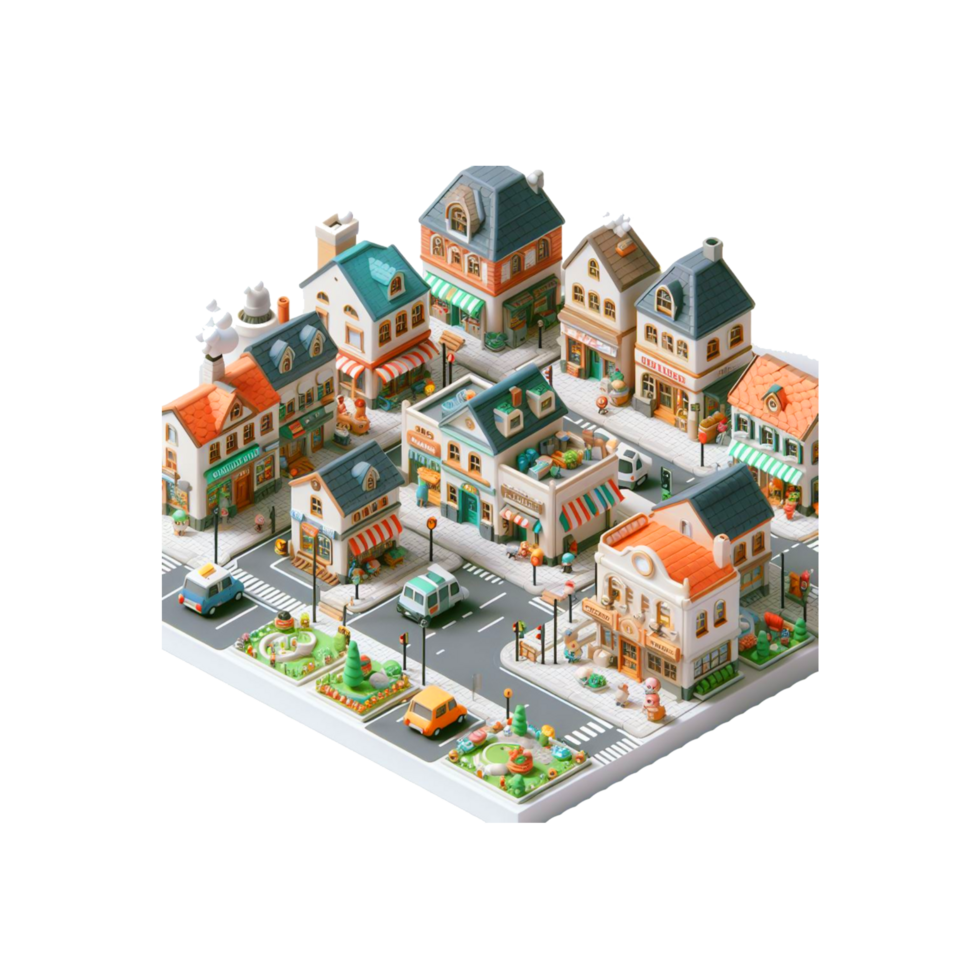 cute small city, 3d game isometric, detailed. PNG Free