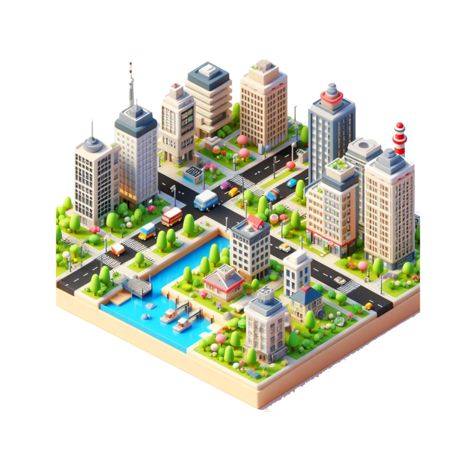 cute small city, 3d game isometric, detailed. PNG Free