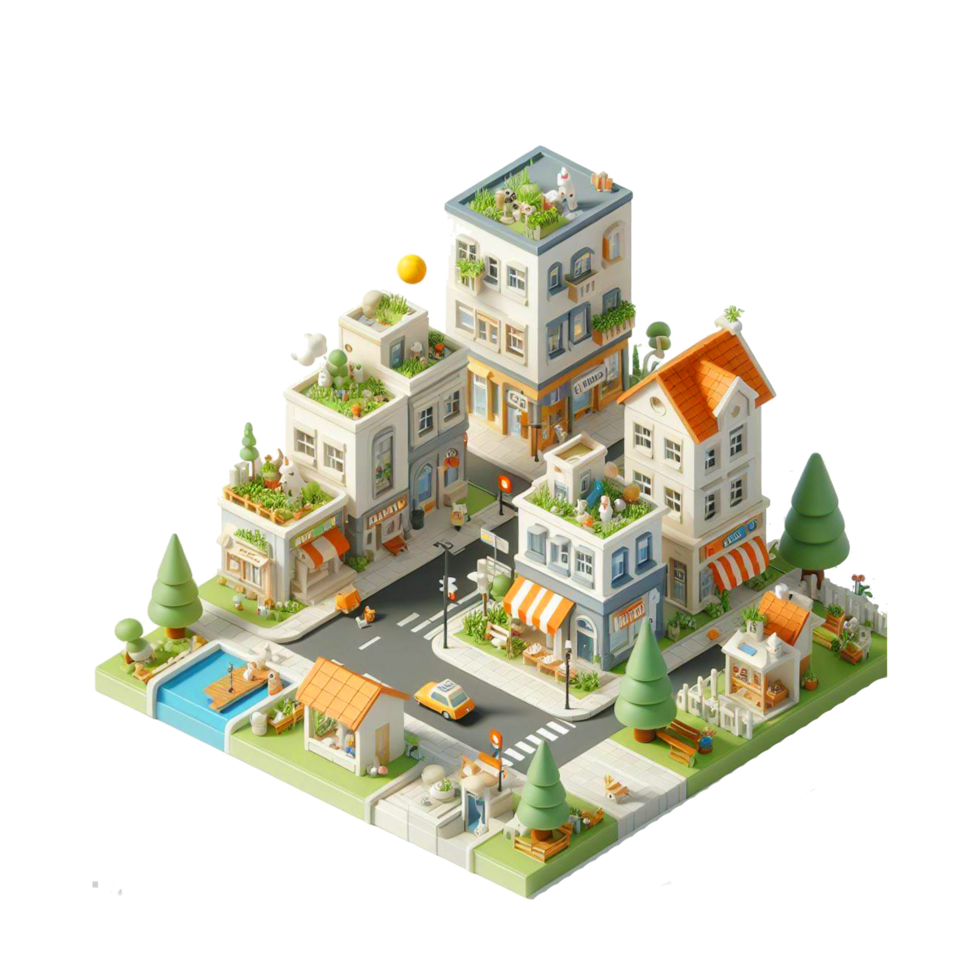 cute small city, 3d game isometric, detailed. PNG Free